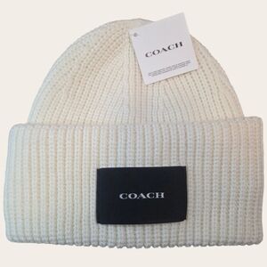 Coach Ribbed Knit Beanie | Chalk | Wool Blend | New with Tags